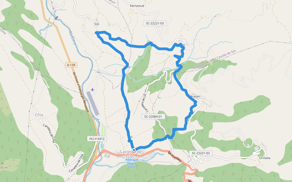 PR-HU 88 Castejón de Sos - Arasán - Liri - Sos - Castejón de Sos walking route map in Castejón de Sos