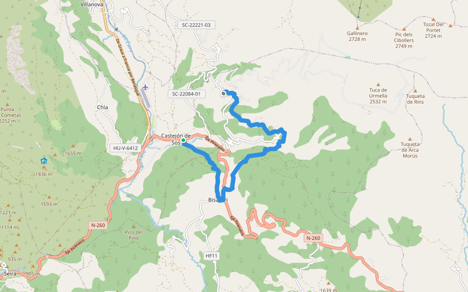 PR-HU 89 Castejón de Sos - Bisaurri - Urmella - Arasán walking route map in Castejón de Sos