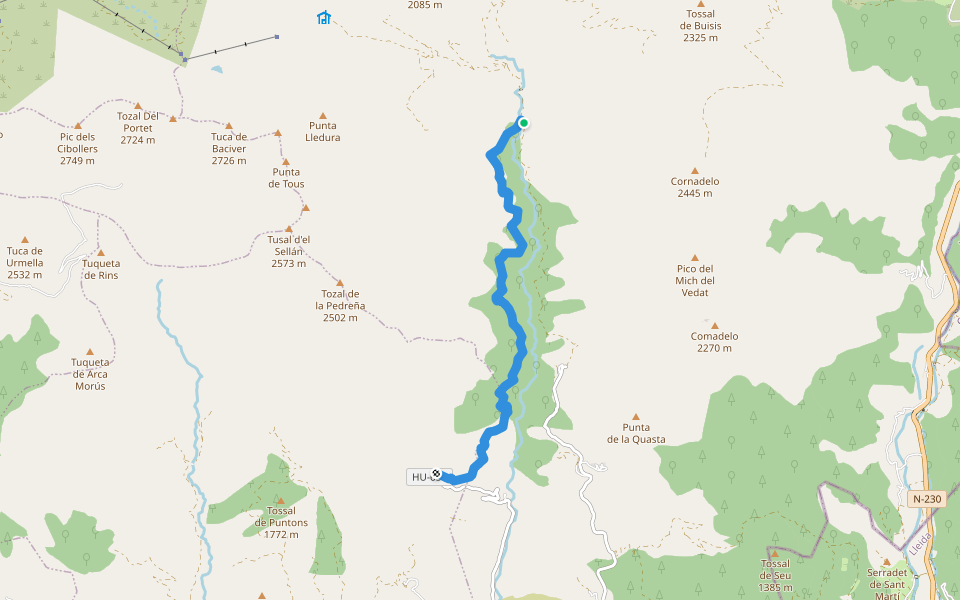PR-HU 100 Camino de la Montaña: Denuy - Bordas d'es Plans (GR 18) walking route map in Montanuy