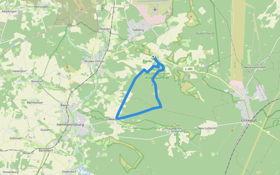 Südheide 'Wo der Wald mit der Heide kuselt' W2l (lange Tour) walking route map in Faßberg