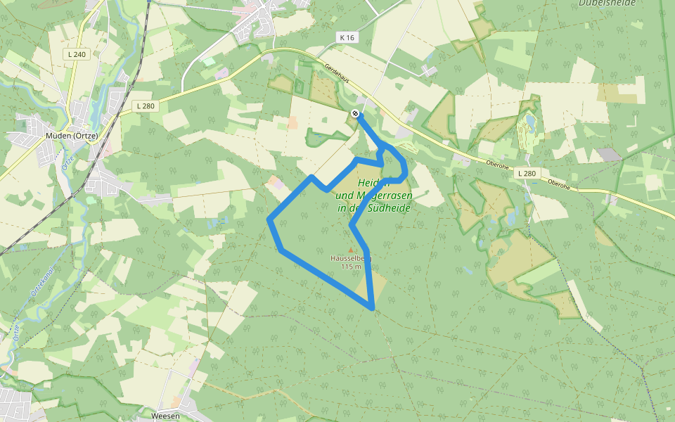 Südheide 'Wo der Wald mit der Heide kuselt' W2m (mittlere Tour) walking route map in Faßberg
