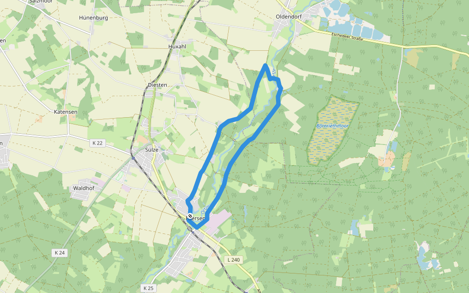 Südheide 'Wo Eisvogel und Fischotter sich "Gute Nacht" sagen' W15m (mittlere Tour) walking route map in Bergen