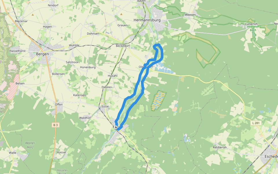 Südheide 'Wo Eisvogel und Fischotter sich "Gute Nacht" sagen' W15l (lange Tour) walking route map in Bergen