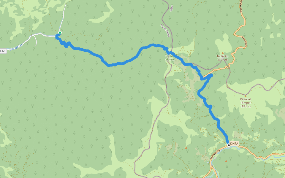 Fosta cabană Voievodul - Poiana Muierii - Cabana Obârșia Lotrului walking route map in Tirici