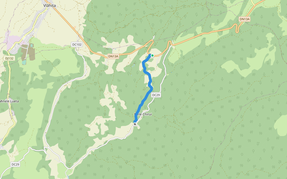 DN 13A (sub Piatra Cornului) - sat Băile Chirui walking route map in Băile Chirui
