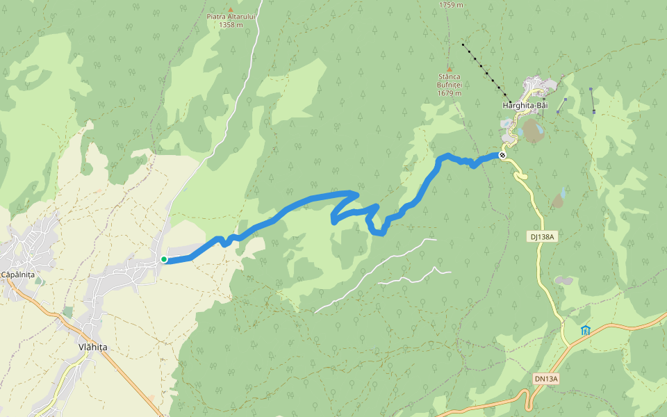oraș Vlăhița (capătul nordic) - Vf. Fagii Roșii - Stațiunea Harghita-Băi walking route map in Vlăhița