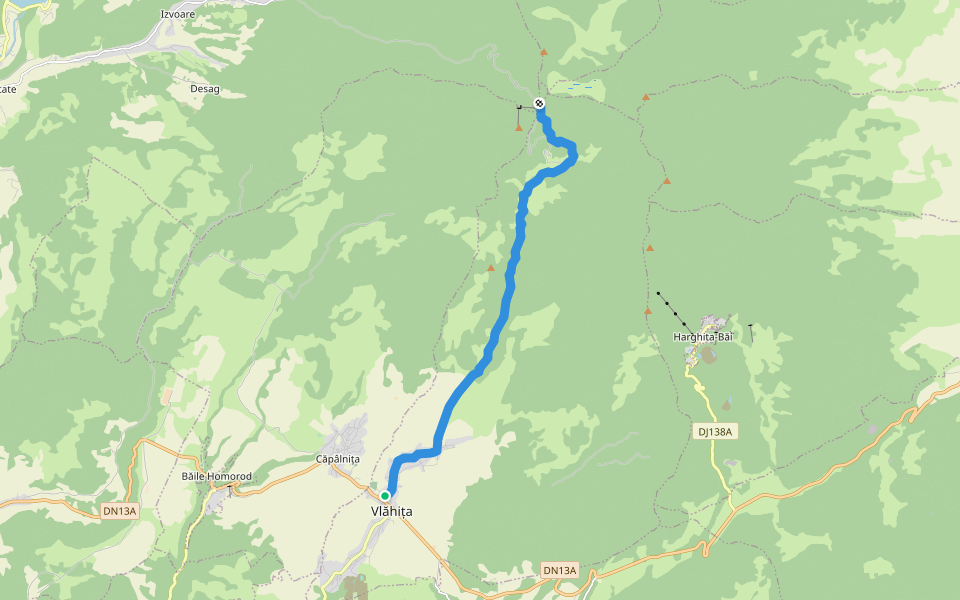 oraș Vlăhița - sub Pintenul Negru - Stațiunea Harghita Mădăraș walking route map in Vlăhița