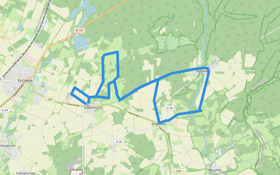 Südheide 'Magische Orte längs des Weges' W20l (lange Tour) walking route map in Eschede