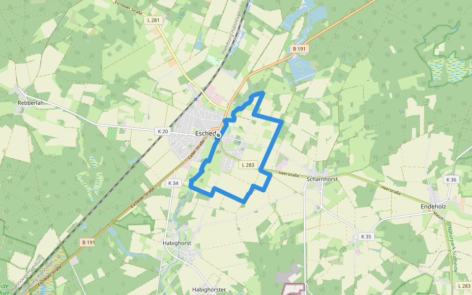 Südheide 'Im Land der Esche' W19l (lange Tour) walking route map in Eschede