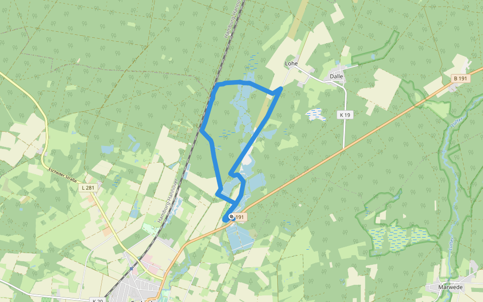 Südheide 'Beim Hecht im Karpfenteich' W14l (lange Tour) walking route map in Eschede