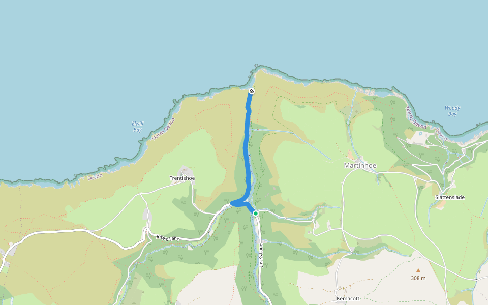 Gentle walk to Heddon's Mouth walking route map in Martinhoe