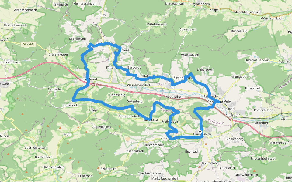 Rundwanderweg Drei-Frankenstein-Weg Schlüsselfeld-Burghaslach-Geiselwind walking route map in Burghaslach