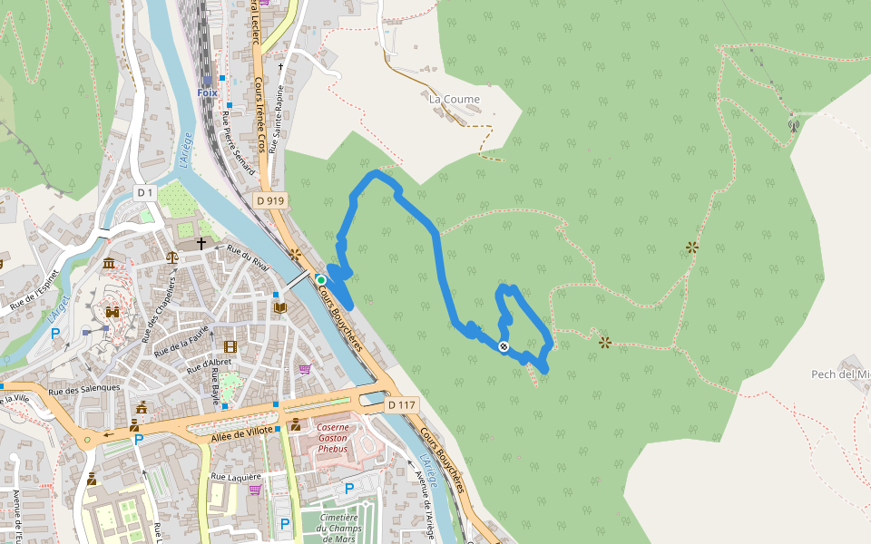 Les Terrasses du Pech de Foix walking route map in Foix