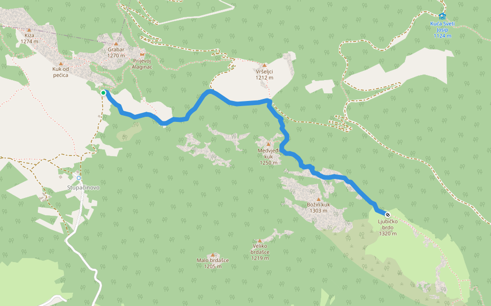 Ljubičko brdo walking route map in Baške Oštarije