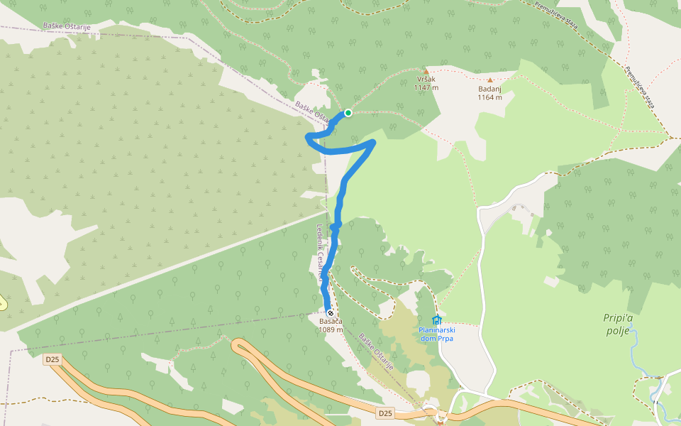 Basača iz smjera Badnja walking route map in Baške Oštarije