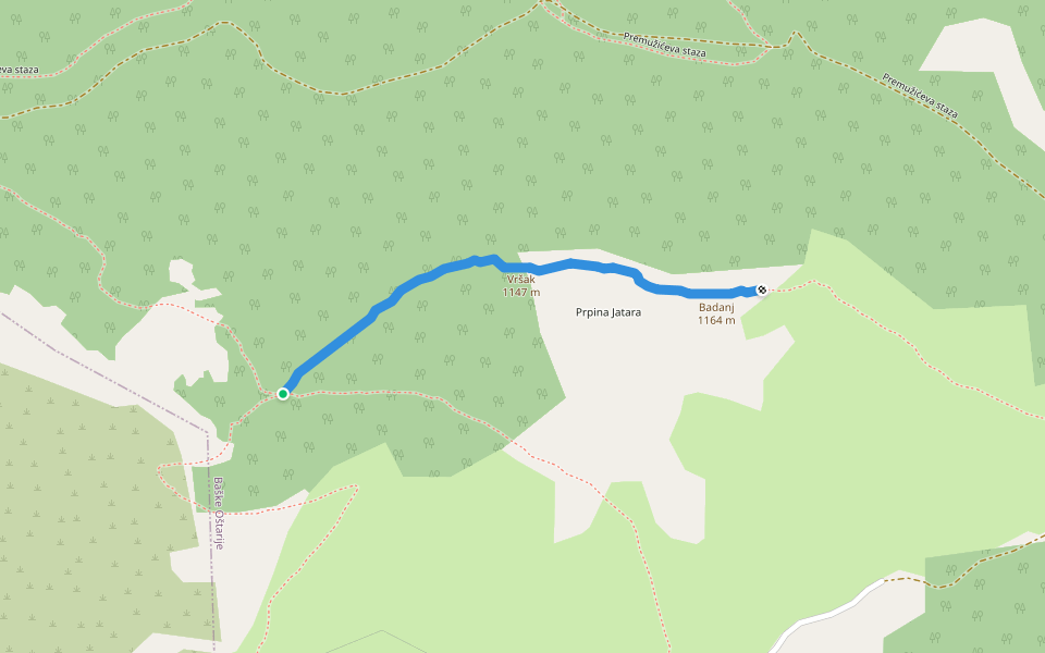 Badanj iz smjera Basače walking route map in Baške Oštarije