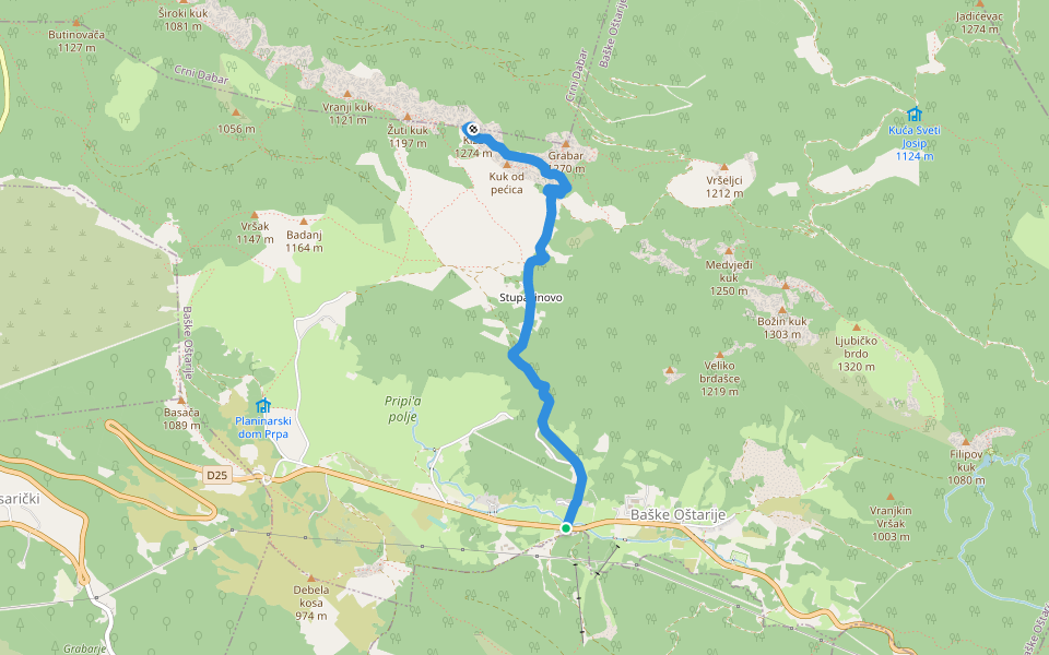 Kiza od Baških Oštarija walking route map in Baške Oštarije