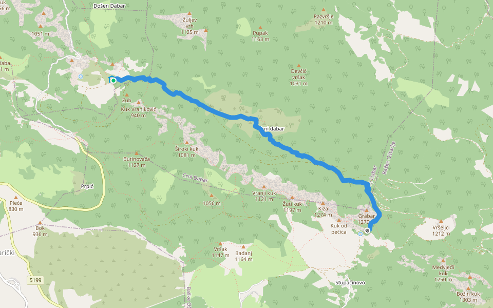 Ravni dabar do Alaginca preko Crnog dabra walking route map in Ravni Dabar