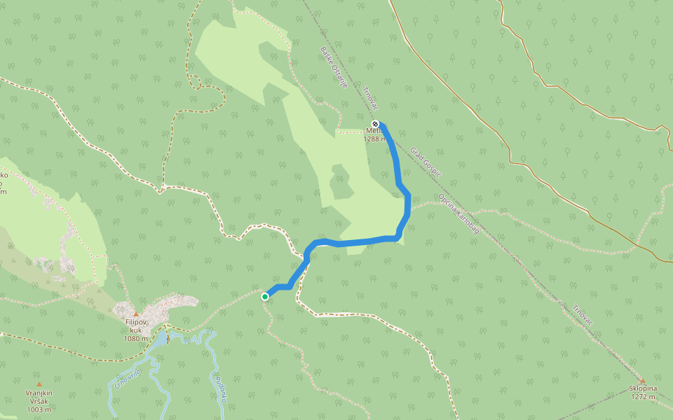 Metla iz smjera Baških Oštarija walking route map in Baške Oštarije