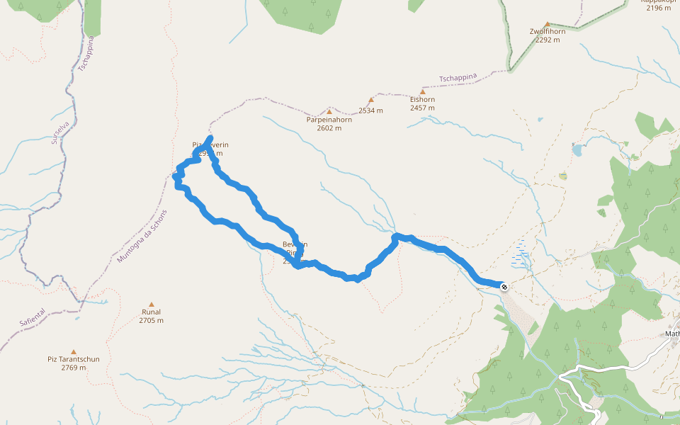 Mursenas-Beverin Lucke-Piz Beverin-Beverin Pintg-Mursenas walking route map in Muntogna da Schons