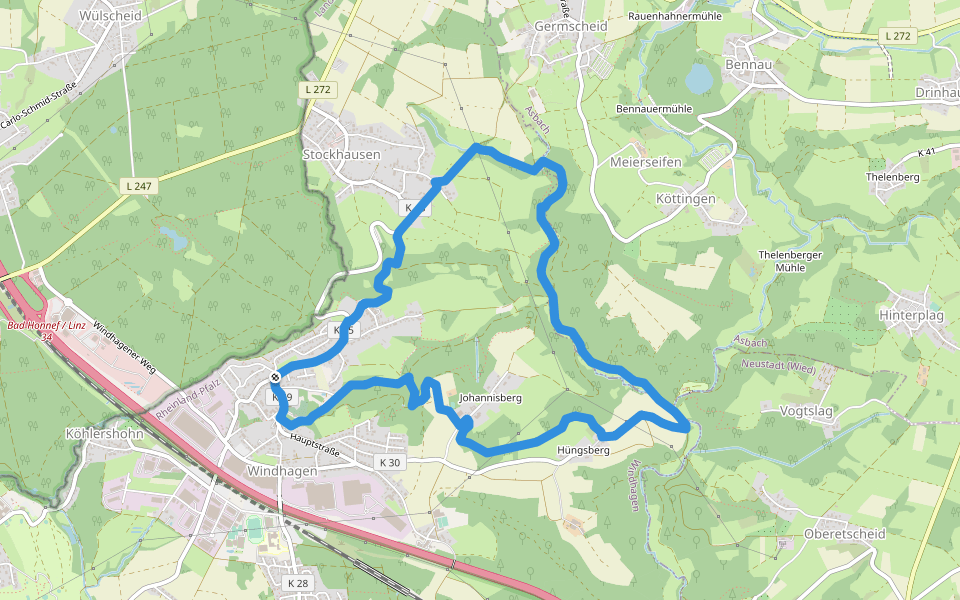 [W1] Stockhauser Weg walking route map in Windhagen