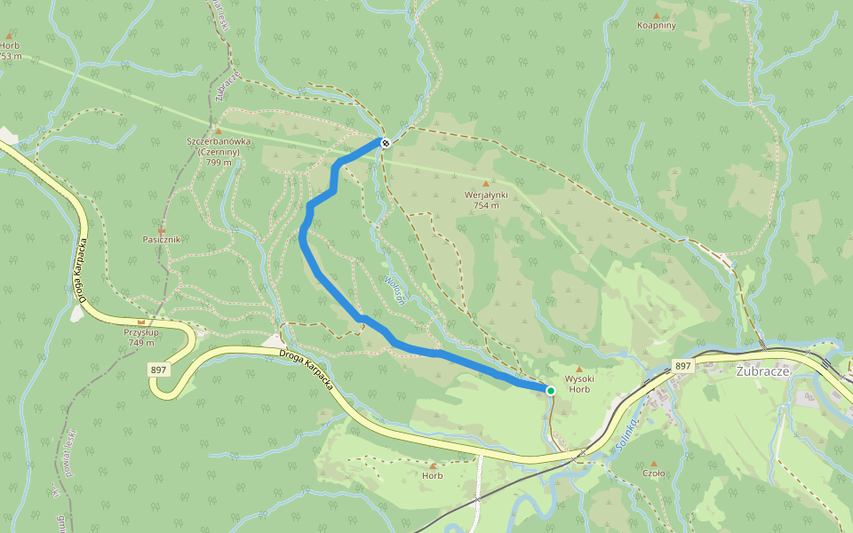 Tymczasowy przebieg Szlaku Niebieskiego Żubracze - Wołosań walking route map in Żubracze