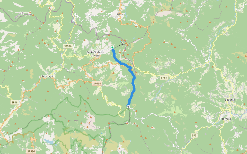 Rocca d'Aveto - Passo della Lepre - Strada Statale 654 - Passo del Chiodo walking route map in Rocca d'Aveto