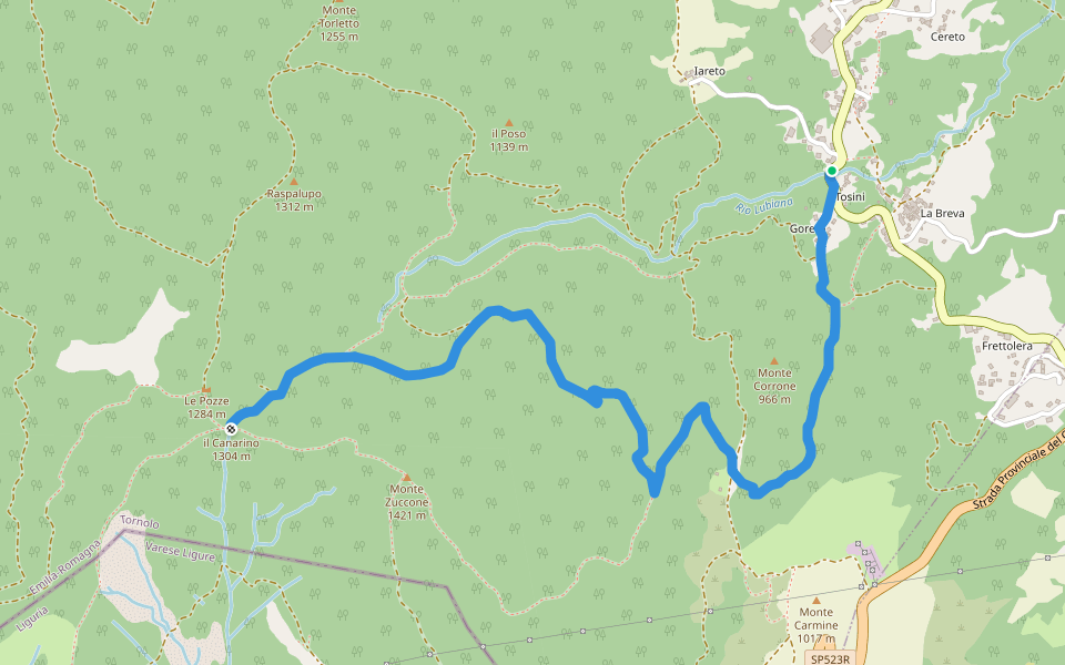 Tosini - Le Pozze walking route map in Tarsogno