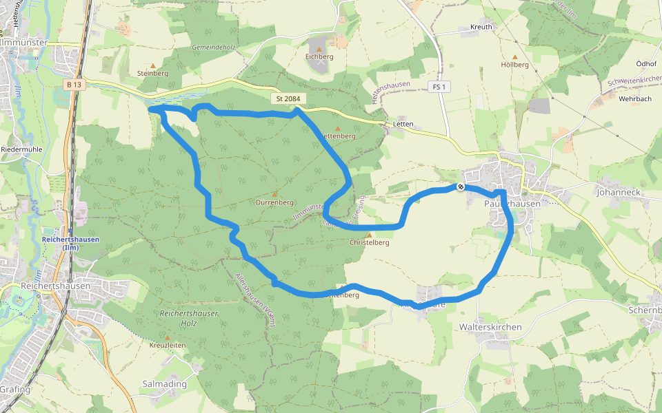 Paunzhausen-Ilmmünster-Weg (3 / lila) walking route map in Paunzhausen