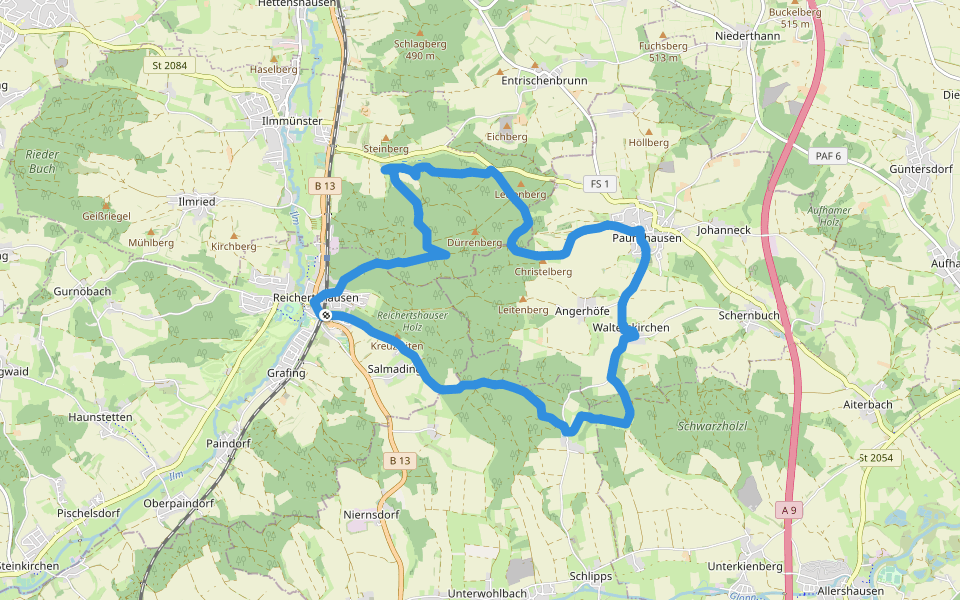 3-Gemeinden-Wege (1 / blau-lang) walking route map in Reichertshausen
