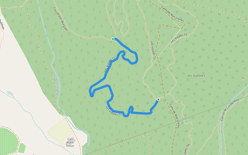 Les Vidales T1 walking route map in Brunyola