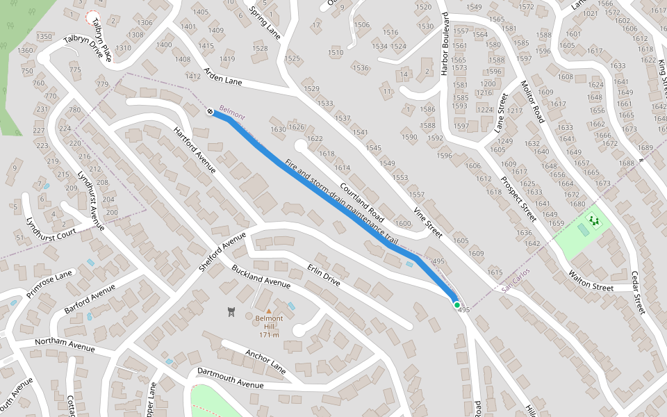 Fire and storm-drain maintenance trail walking route map in San Carlos