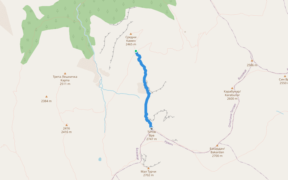 Ridge to peak Titov Vrv walking route map in Vejtse