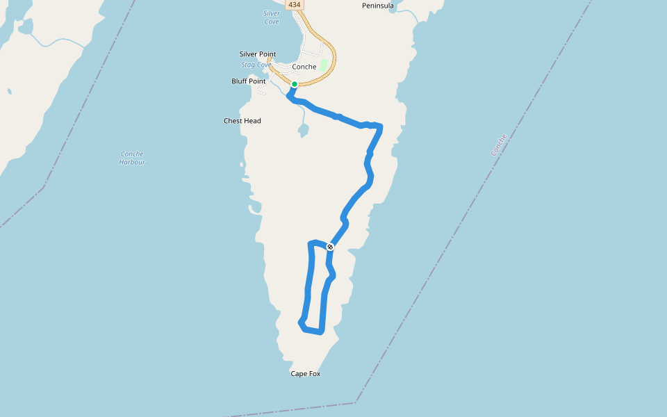 Glass Hole Trail walking route map in Conche
