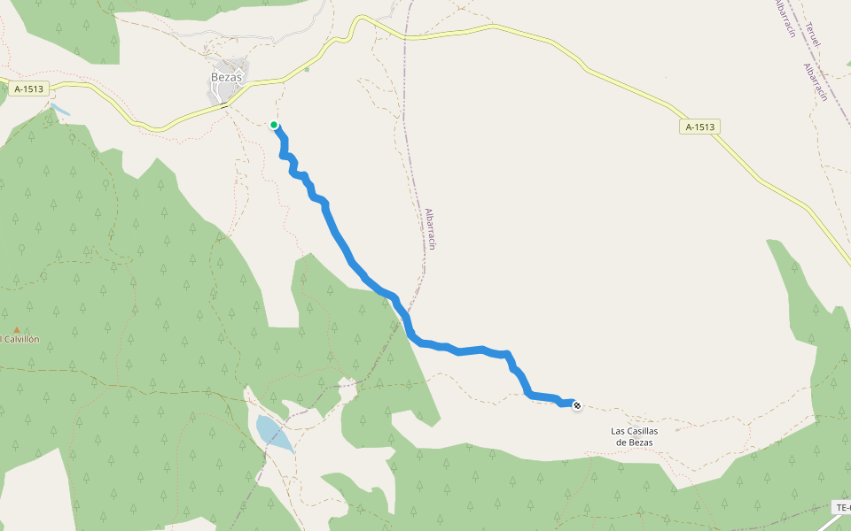 Camino de las Casillas de Bezas walking route map in Bezas