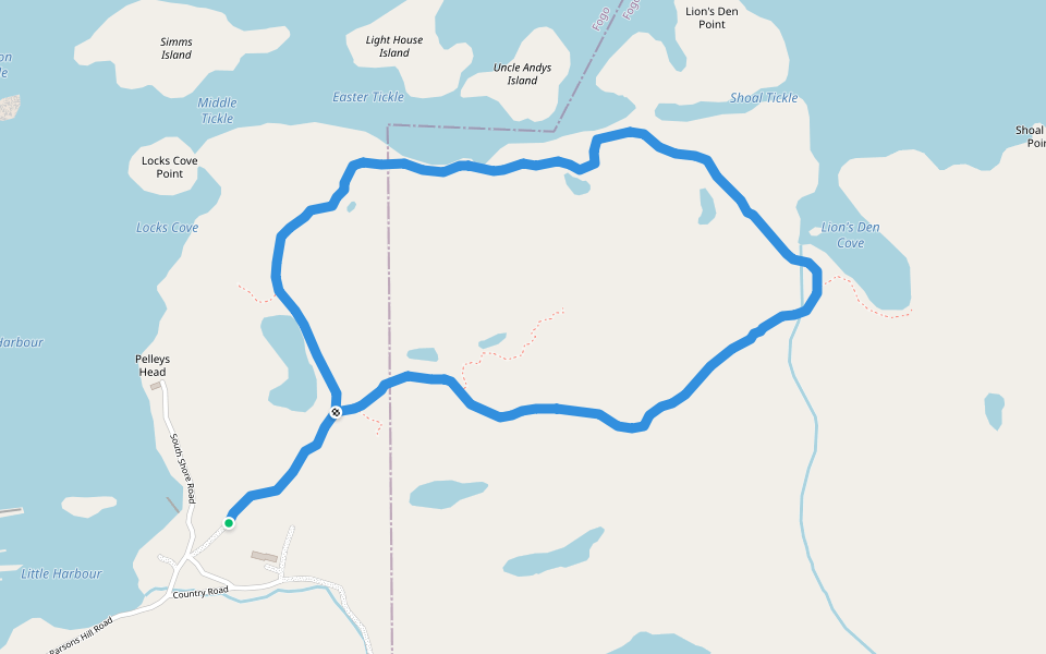 Lions Den Trail walking route map in Fogo Island