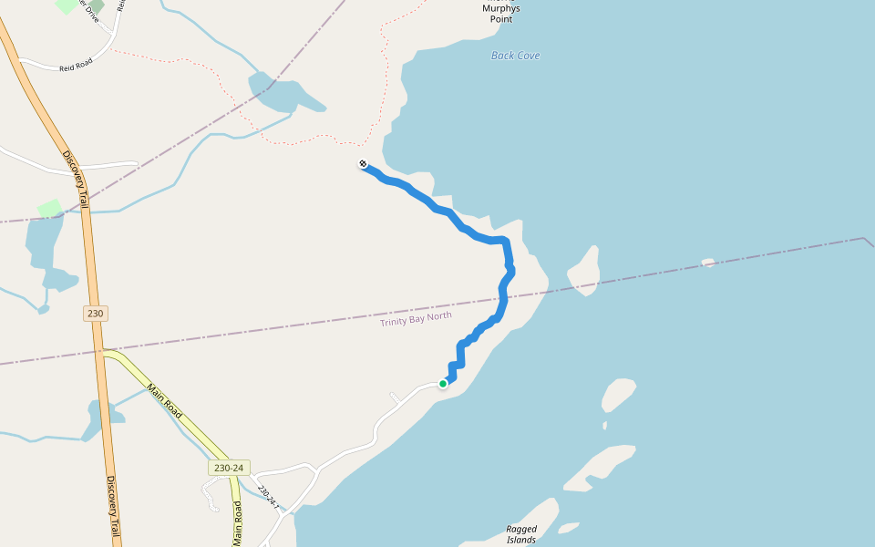 Melrose to Murphy's Cove walking route map in Trinity Bay North