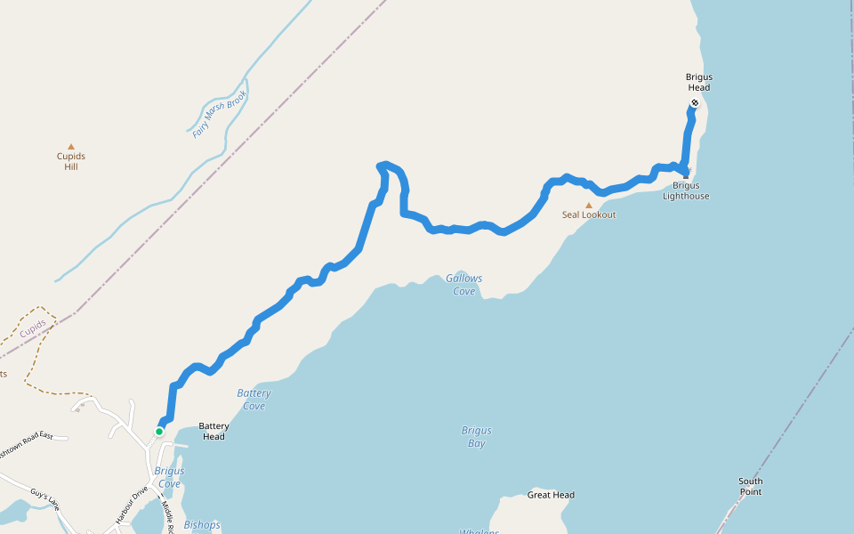 Brigus Lighthouse and Seal Lookout Trail walking route map in Brigus