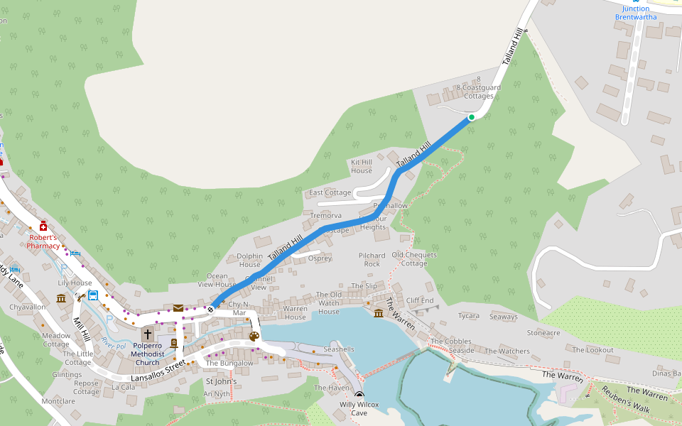 Talland Hill walking route map in Polperro