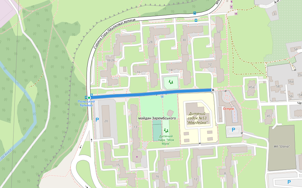 Польський бульвар walking route map in Zhytomyr