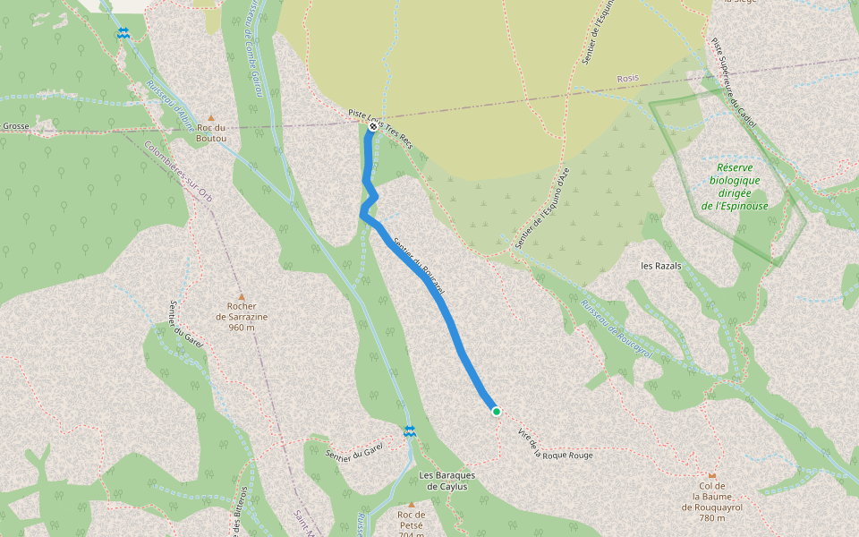 Sentier du Roucarel walking route map in Colombières-sur-Orb