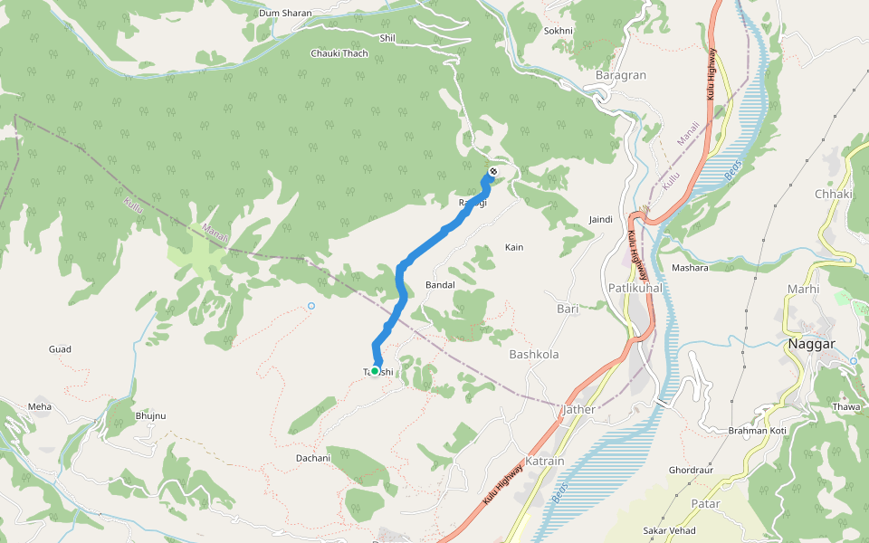 Tarashi to Kain walking route map in Katrain