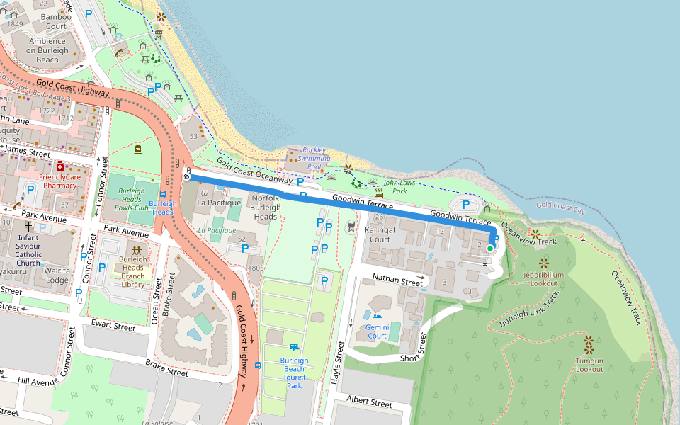 Goodwin Terrace walking route map in Burleigh Heads