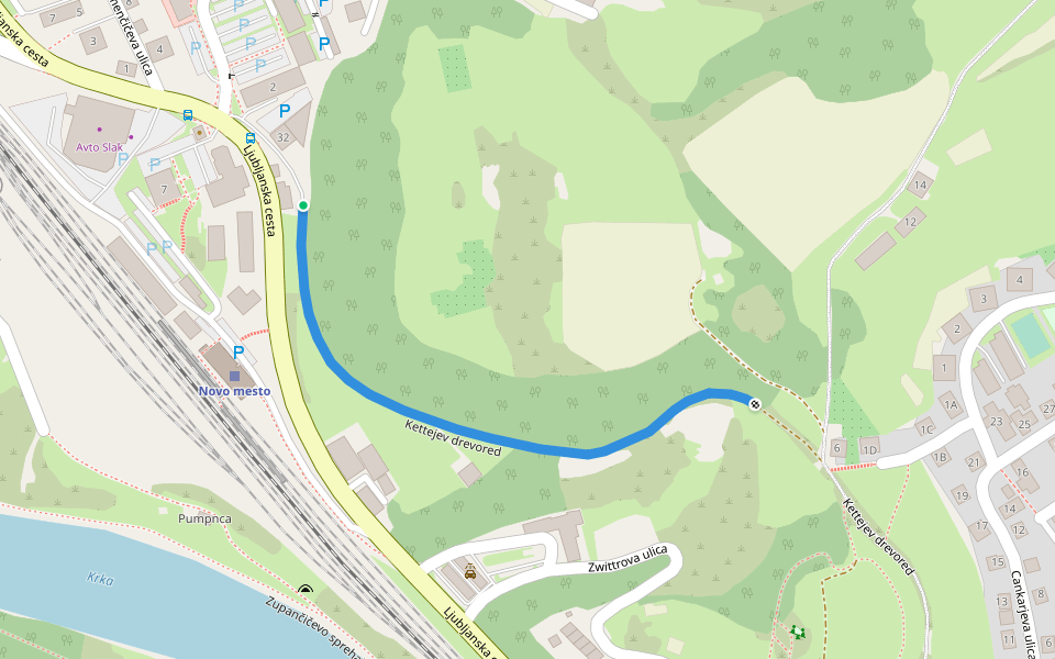 Kettejev drevored walking route map in Novo Mesto