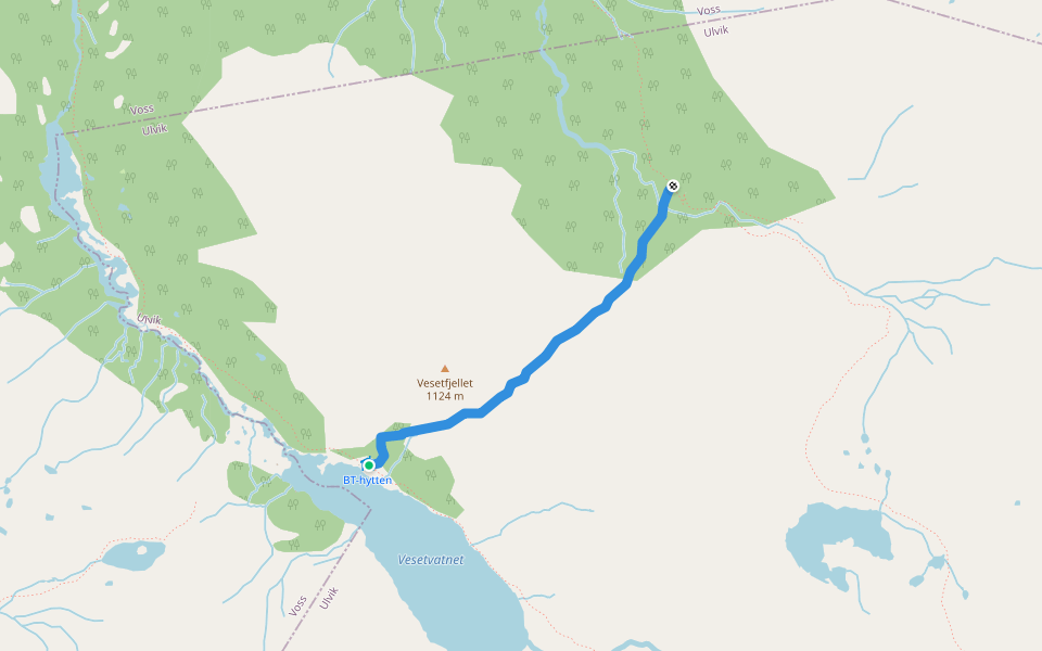 Mjølbotn-Vesete walking route map in Mjølfjell