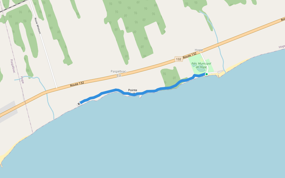 Sentier de la Pointe-aux-Corbeaux walking route map in Paspébiac