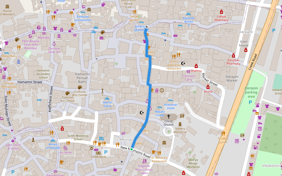 Tharia Street walking route map in Zanzibar