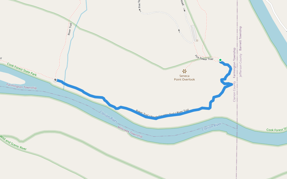 Baker Trail / North Country Trail / River Trail walking route map in Leeper