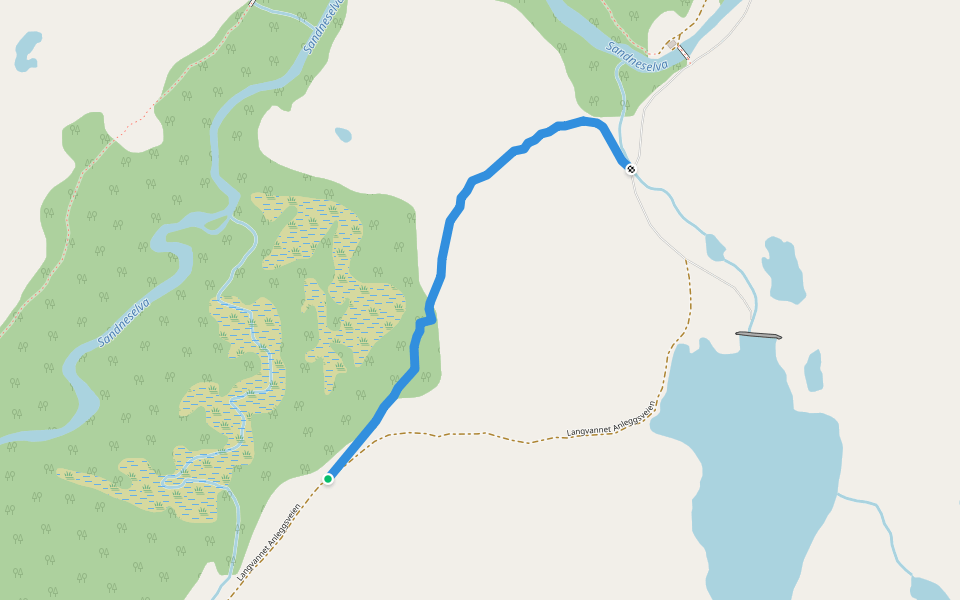 Langvannet-Over Moen walking route map in Bjørnevatn