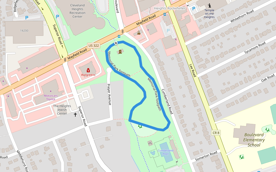 Memorial Park footpath walking route map in Cleveland Heights